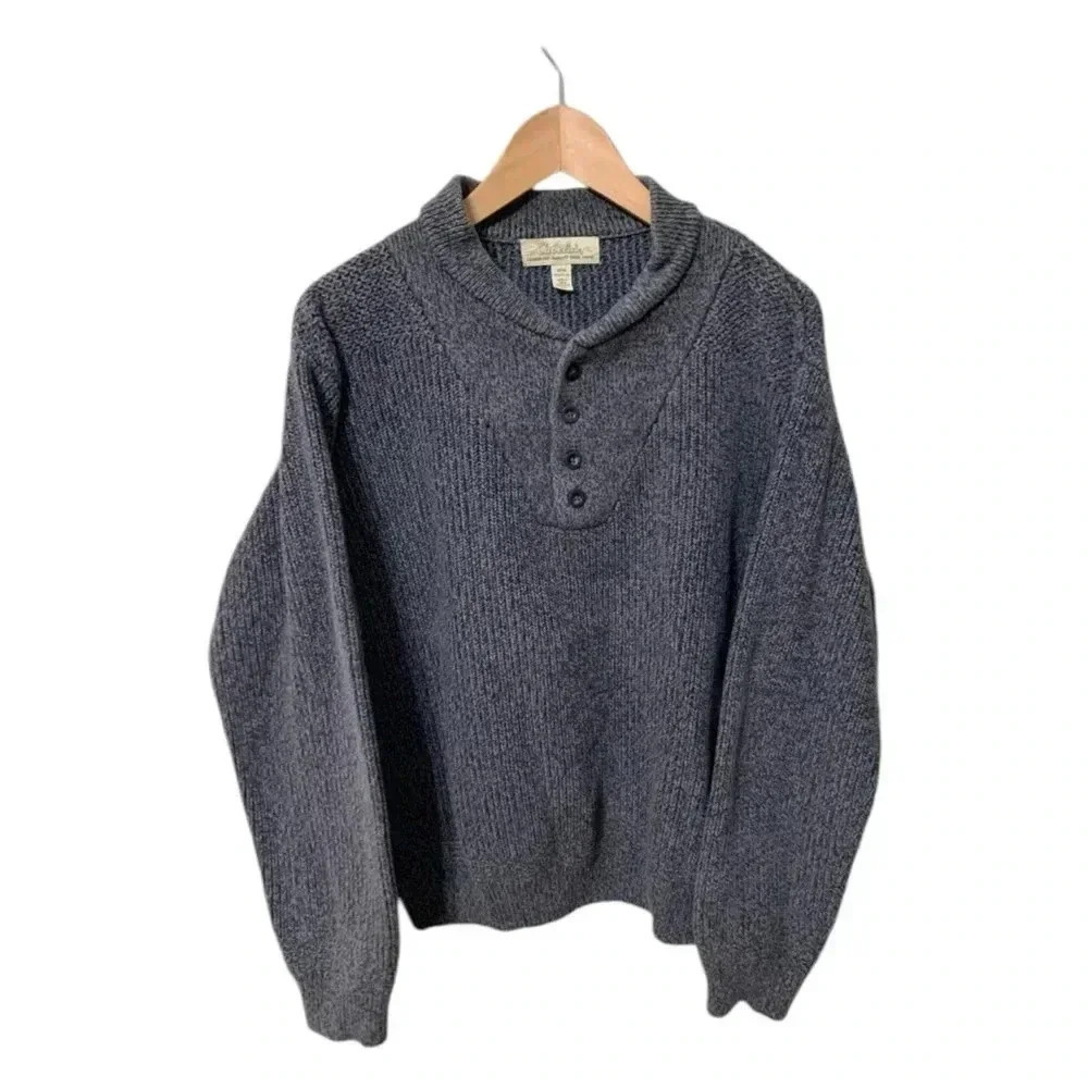 Cabelas Sweater Mens Gray Buttons Medium Knit Cotton Vintage Pullover Cozy